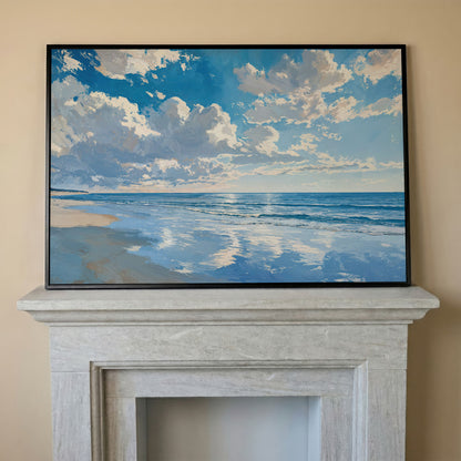 Minimalist Beach Landscape Canvas in black floating frame