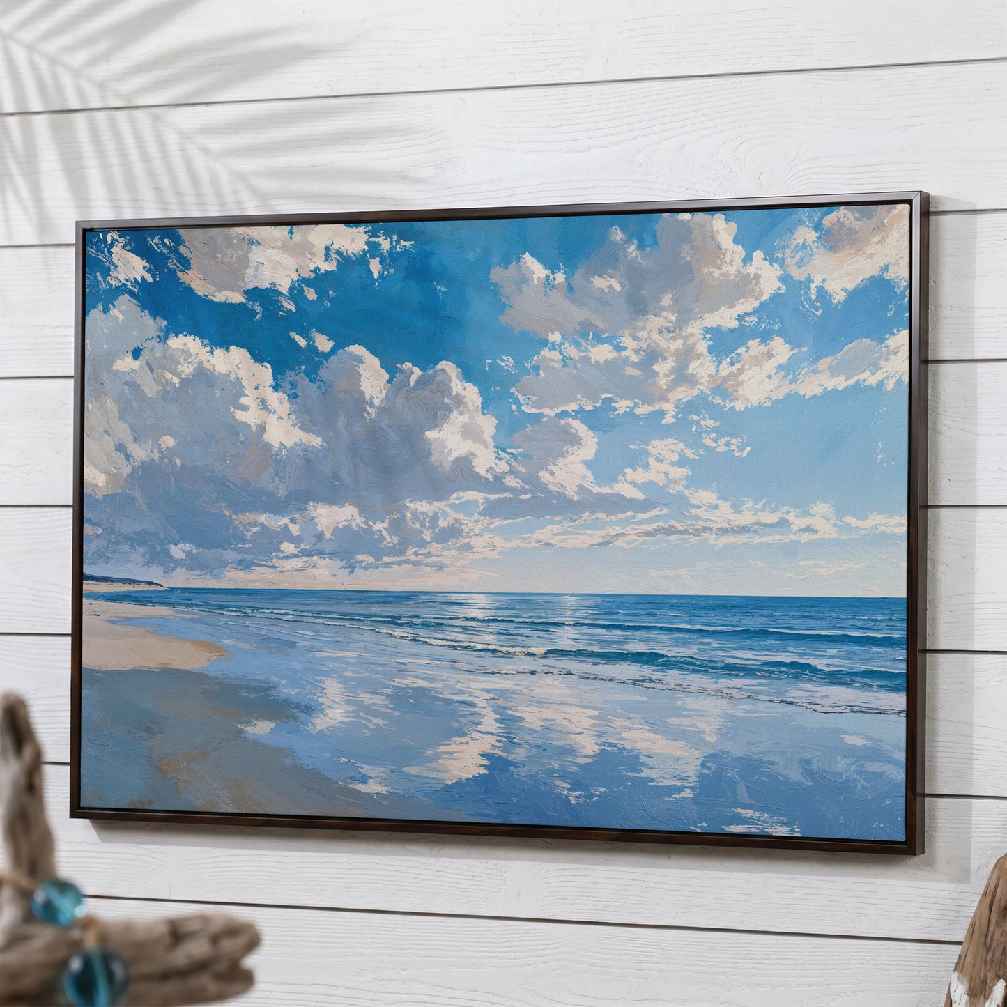 Minimalist Beach Landscape Canvas in dark walnut floating frame