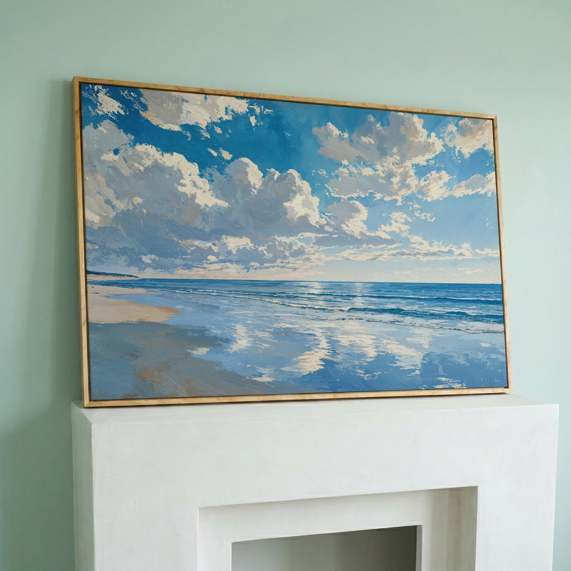 Minimalist Beach Landscape Canvas in white oak floating frame