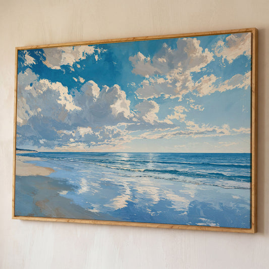 Minimalist Beach Landscape Canvas shown in white oak floating frame
