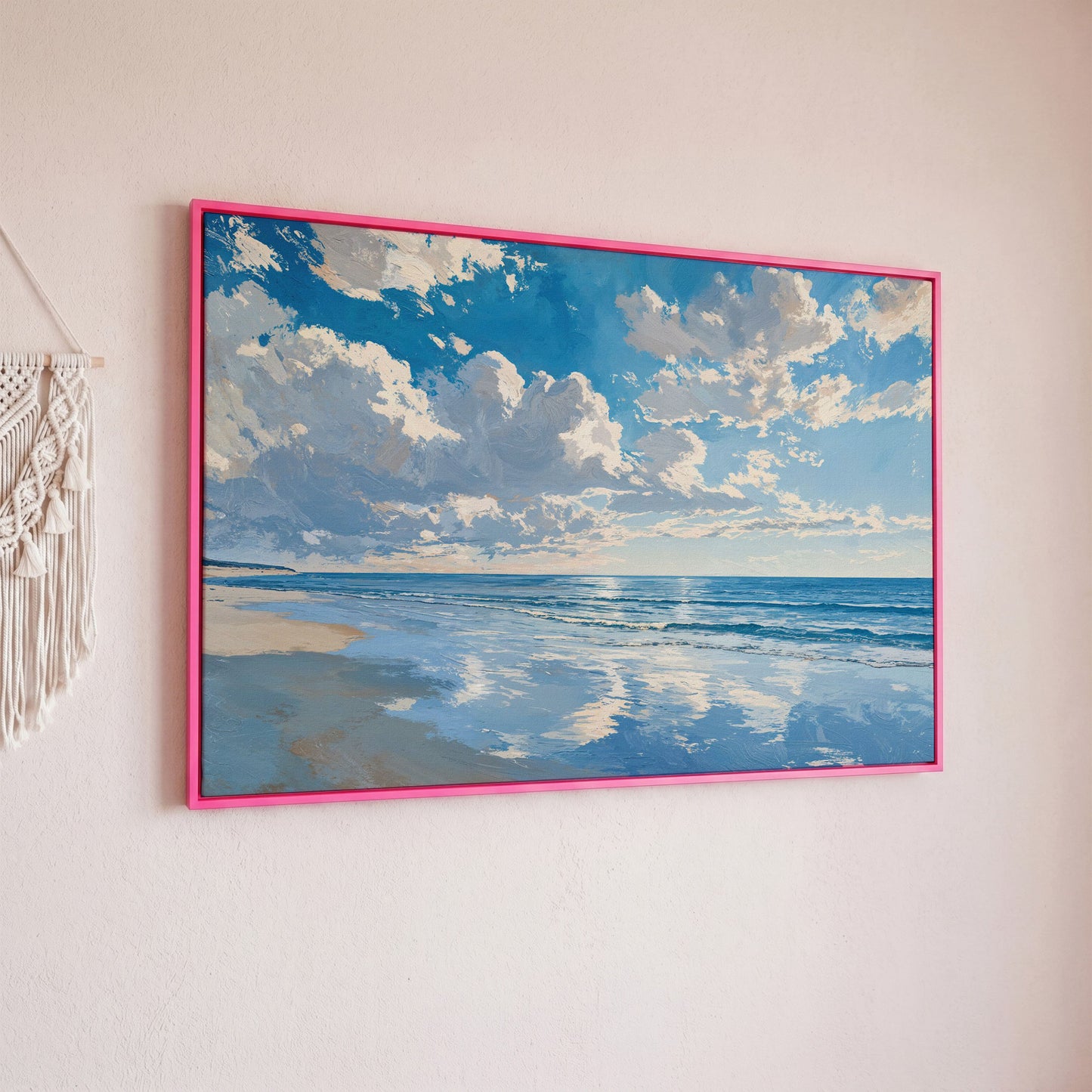 Minimalist Beach Landscape Canvas in pink floating frame