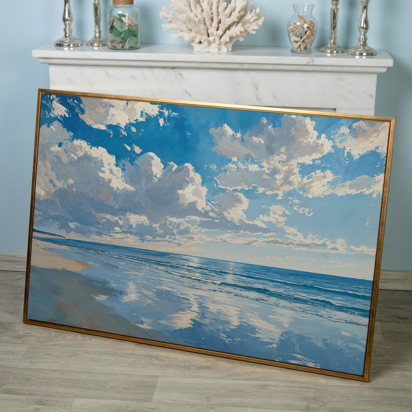 Minimalist Beach Landscape Canvas in rose gold floating frame