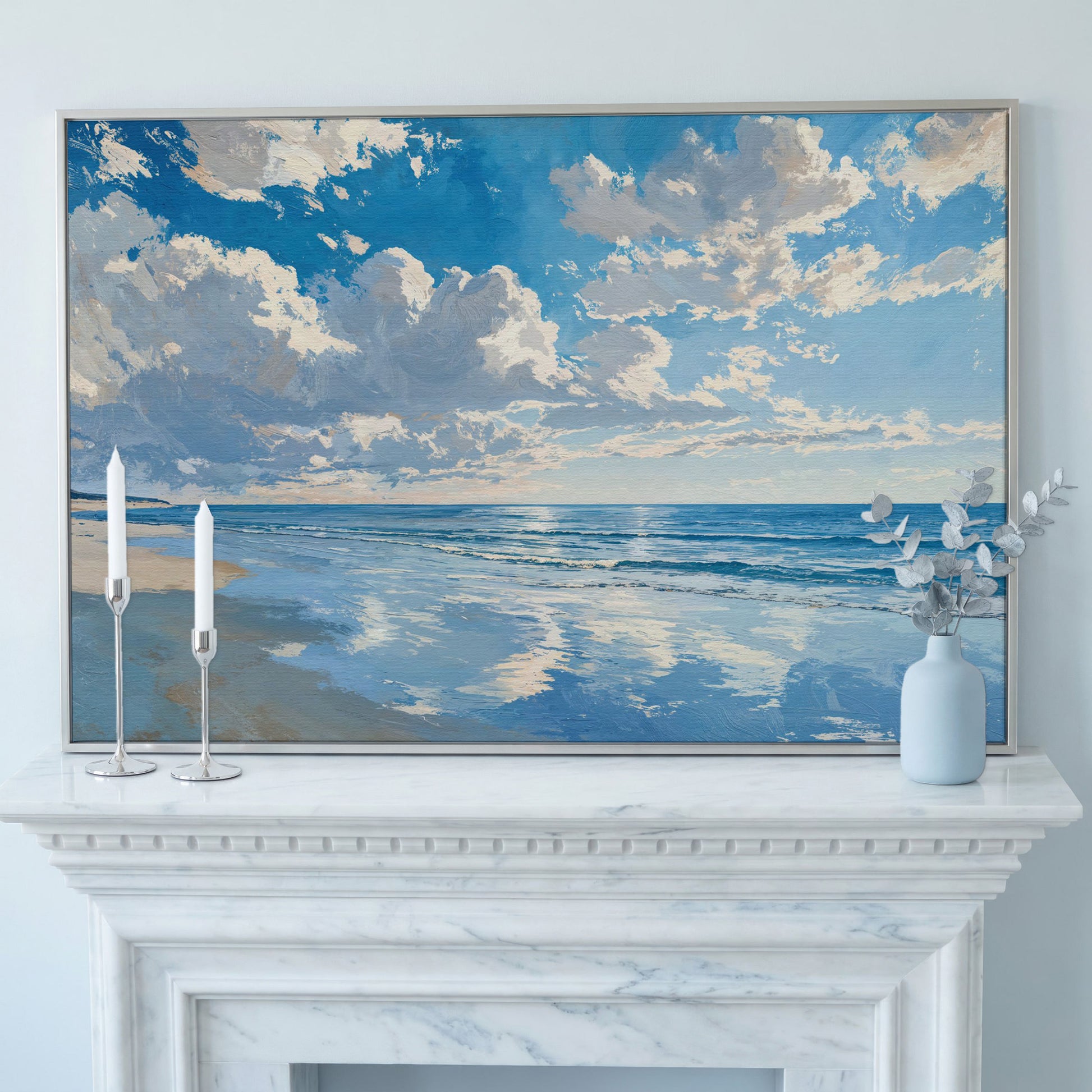 Minimalist Beach Landscape Canvas in silver floating frame