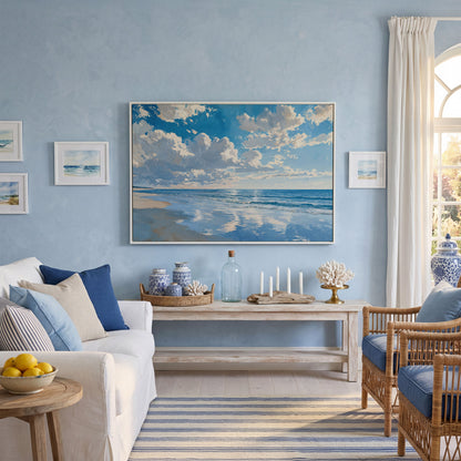 Minimalist Beach Landscape Canvas in white floating frame