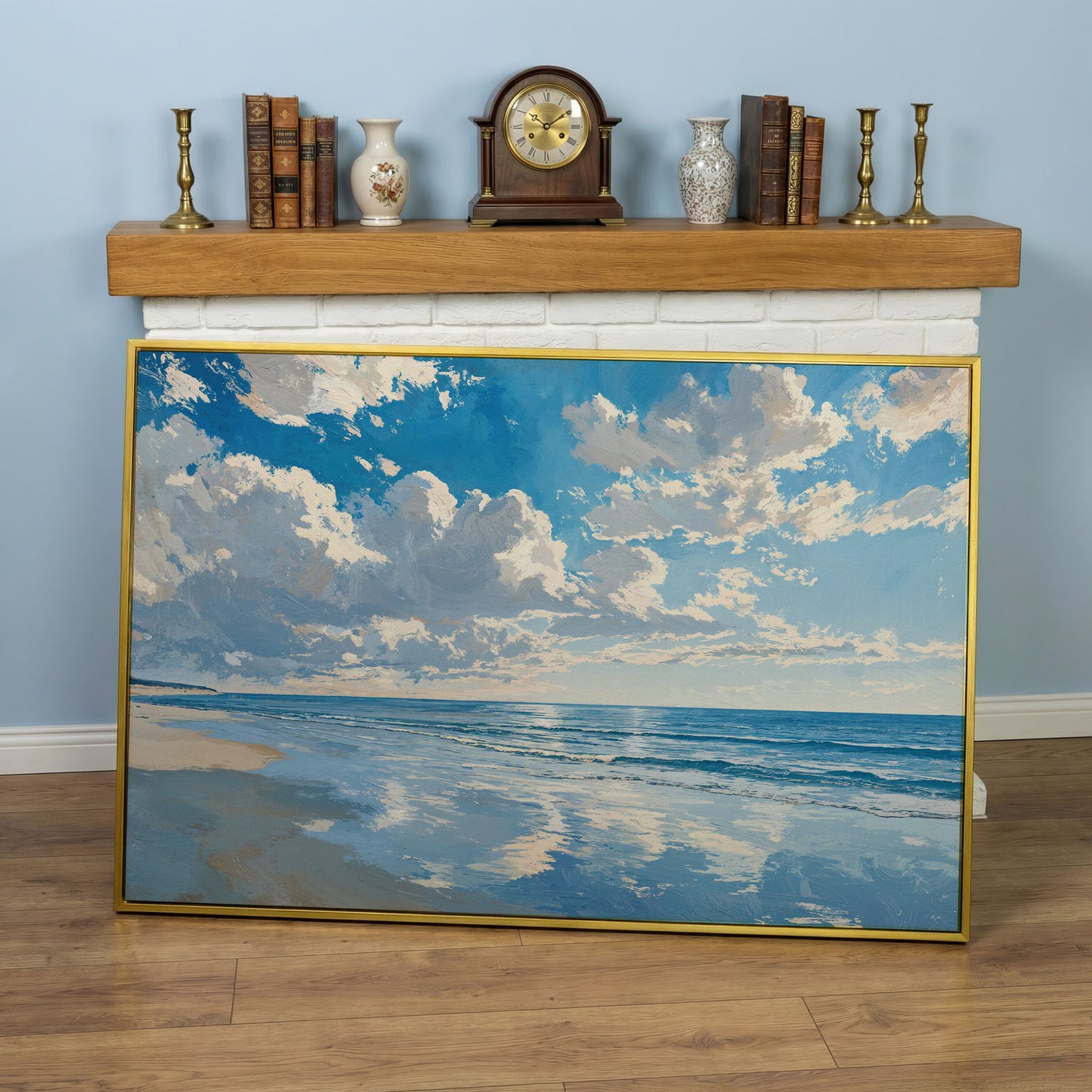 Minimalist Beach Landscape Canvas in yellow gold floating frame