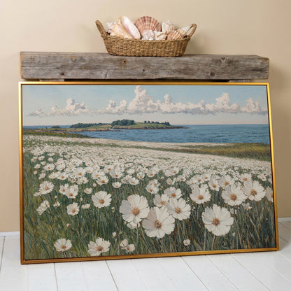 Wildflower Meadow by the Coast Canvas Print in antique gold floating frame