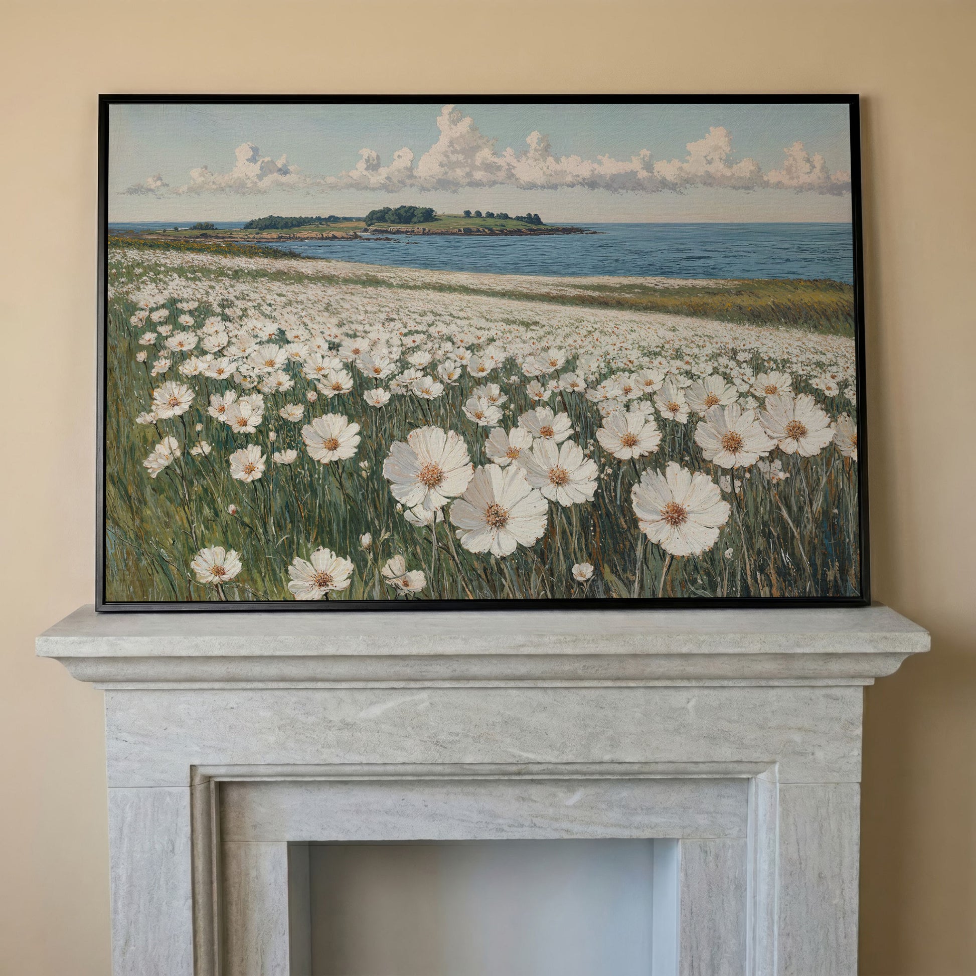 Wildflower Meadow by the Coast Canvas Print in black floating frame