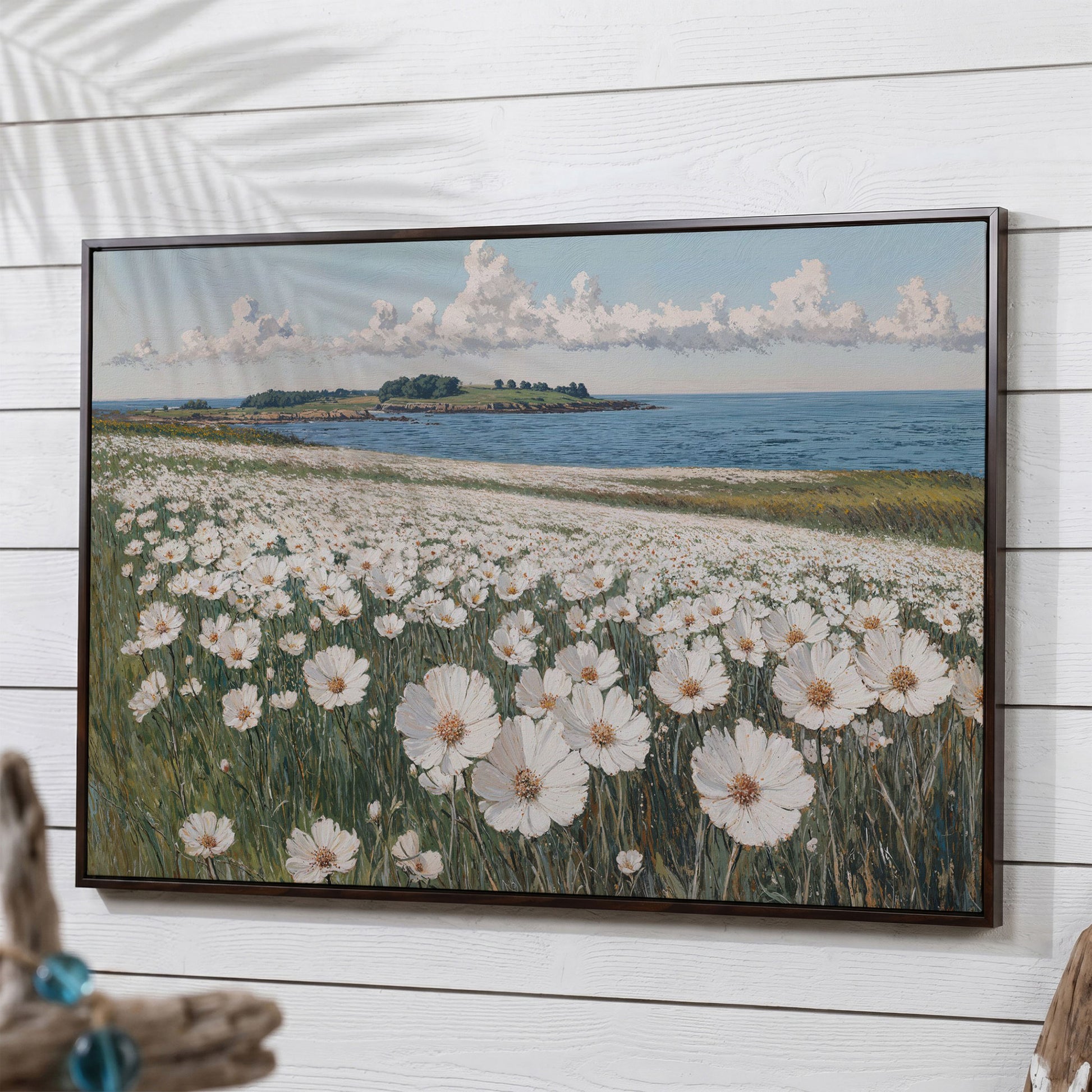 Wildflower Meadow by the Coast Canvas Print in dark walnut floating frame