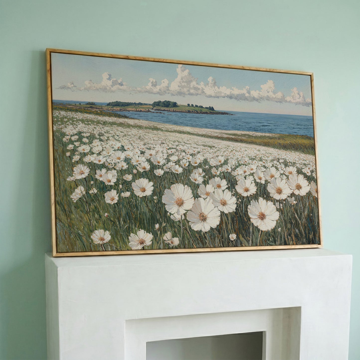 Wildflower Meadow by the Coast Canvas Print in white oak floating frame