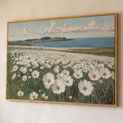 Wildflower Meadow by the Coast Canvas Print shown in white oak floating frame