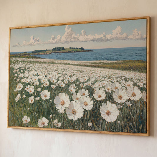 Wildflower Meadow by the Coast Canvas Print shown in white oak floating frame