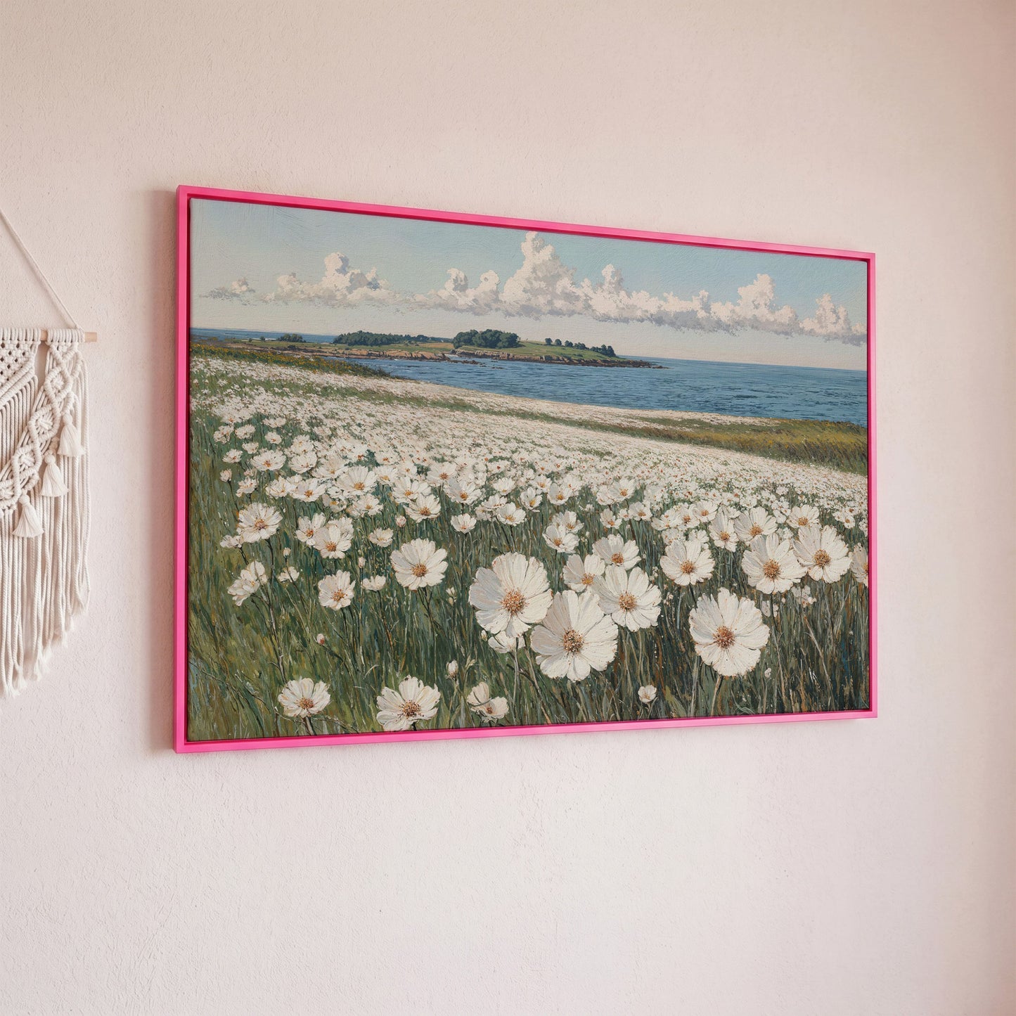 Wildflower Meadow by the Coast Canvas Print in pink floating frame