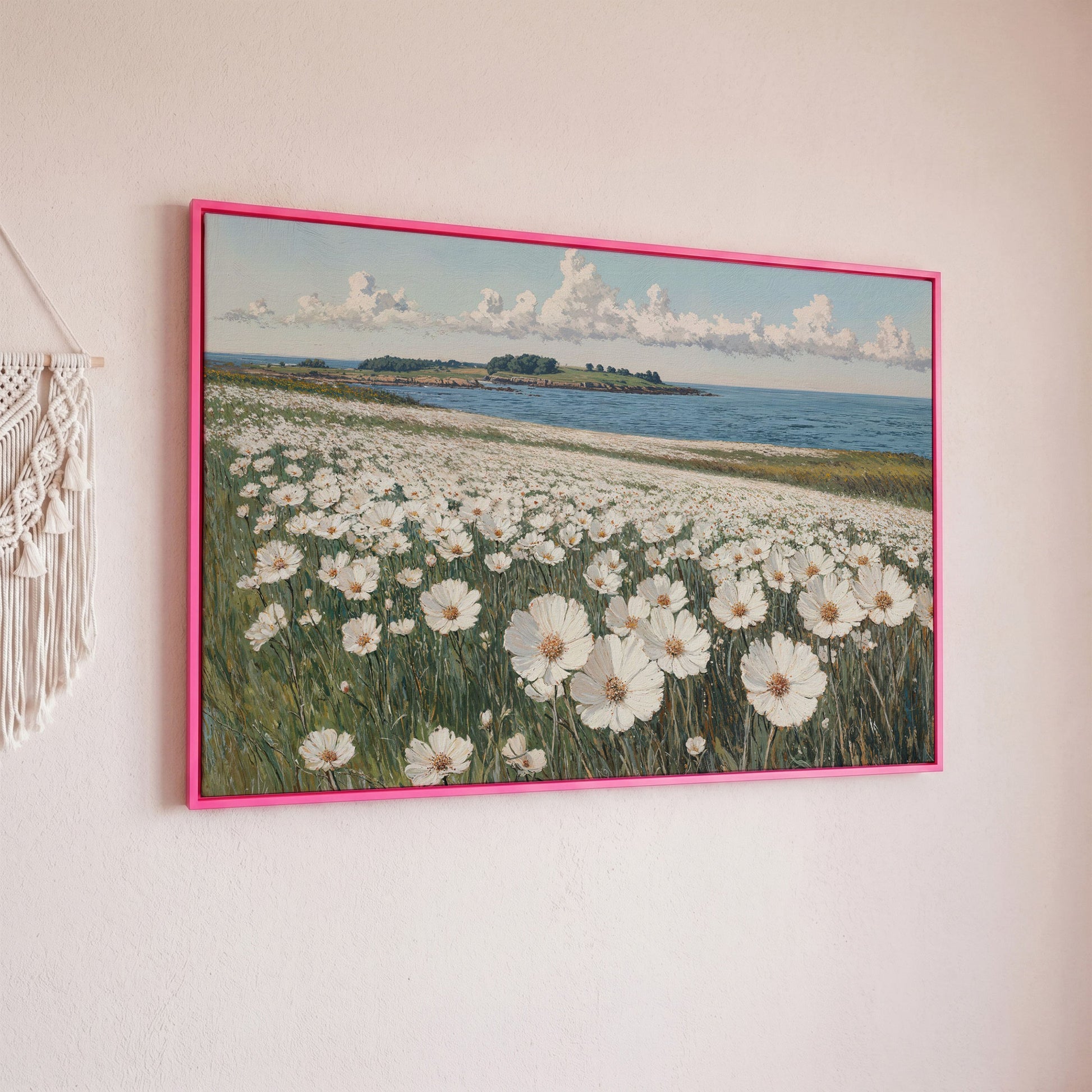 Wildflower Meadow by the Coast Canvas Print in pink floating frame