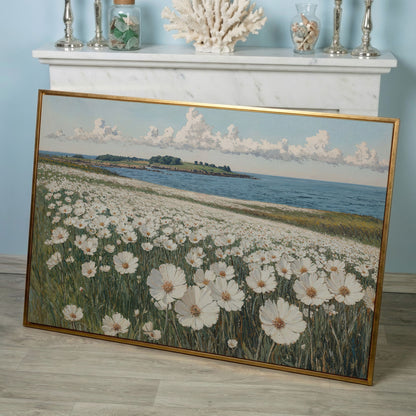 Wildflower Meadow by the Coast Canvas Print in rose gold floating frame