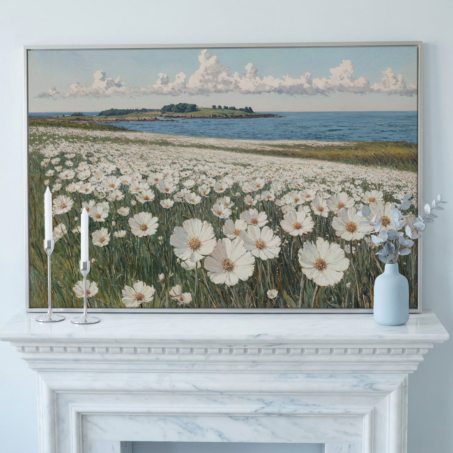 Wildflower Meadow by the Coast Canvas Print in silver floating frame