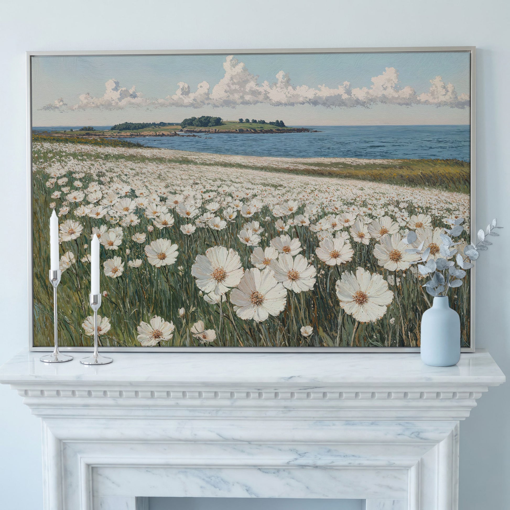 Wildflower Meadow by the Coast Canvas Print in silver floating frame