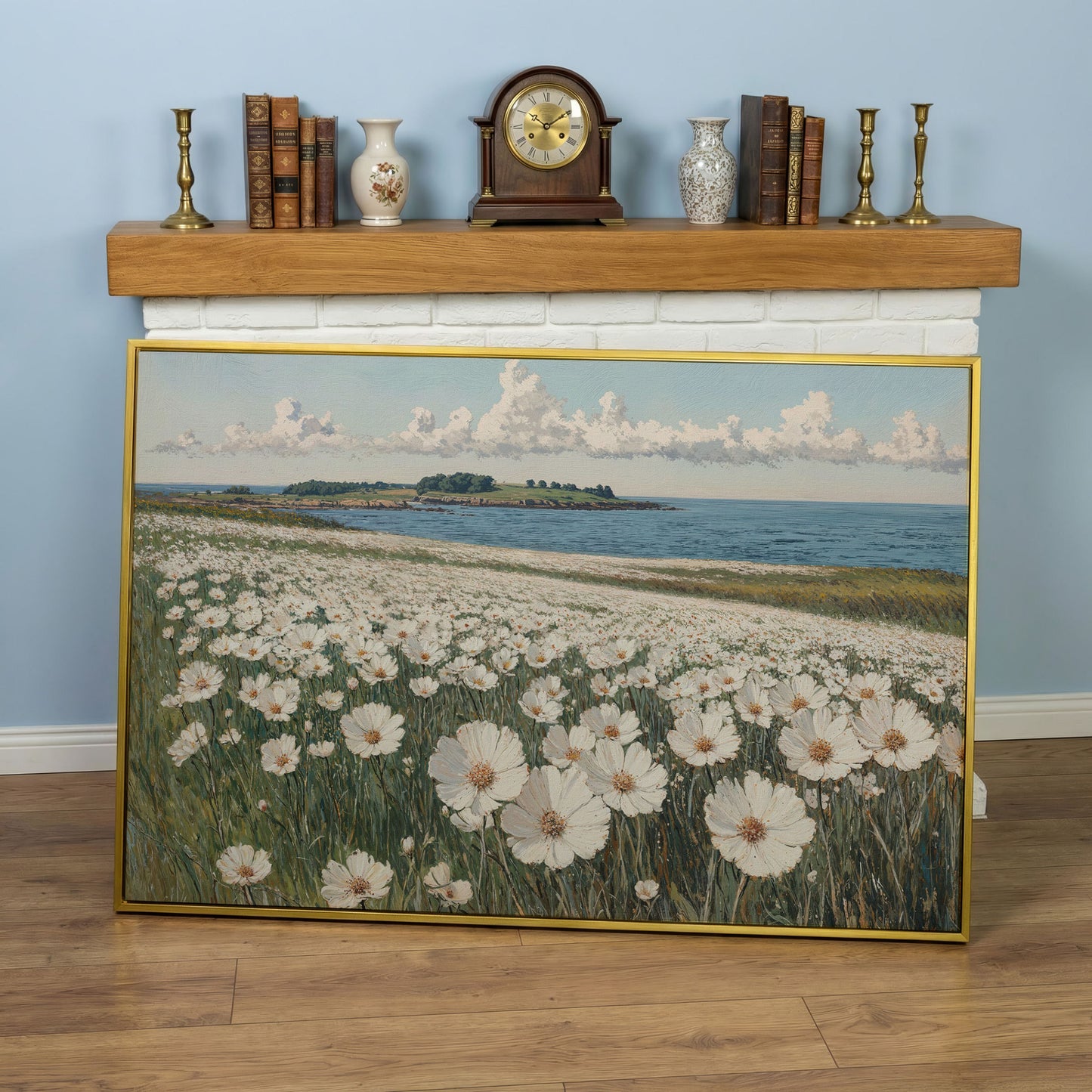Wildflower Meadow by the Coast Canvas Print in yellow gold floating frame