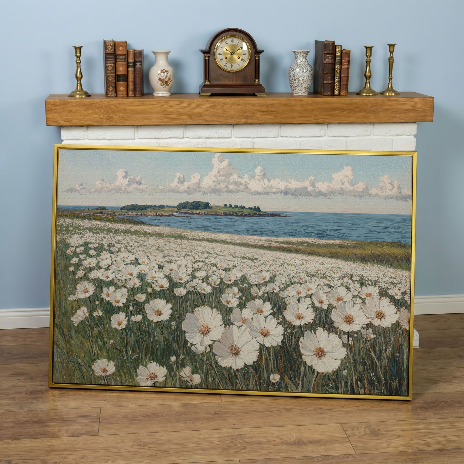 Wildflower Meadow by the Coast Canvas Print in yellow gold floating frame