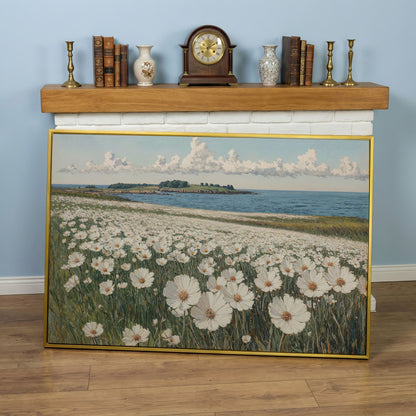 Wildflower Meadow by the Coast Canvas Print in yellow gold floating frame