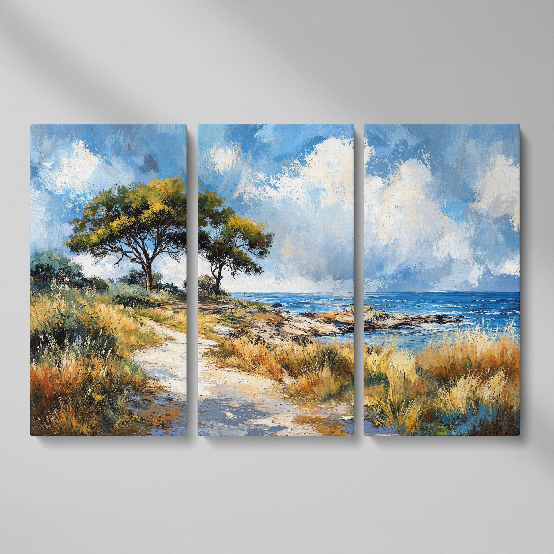 Coastal Path to Blue Water Canvas Art as 3-panel split version