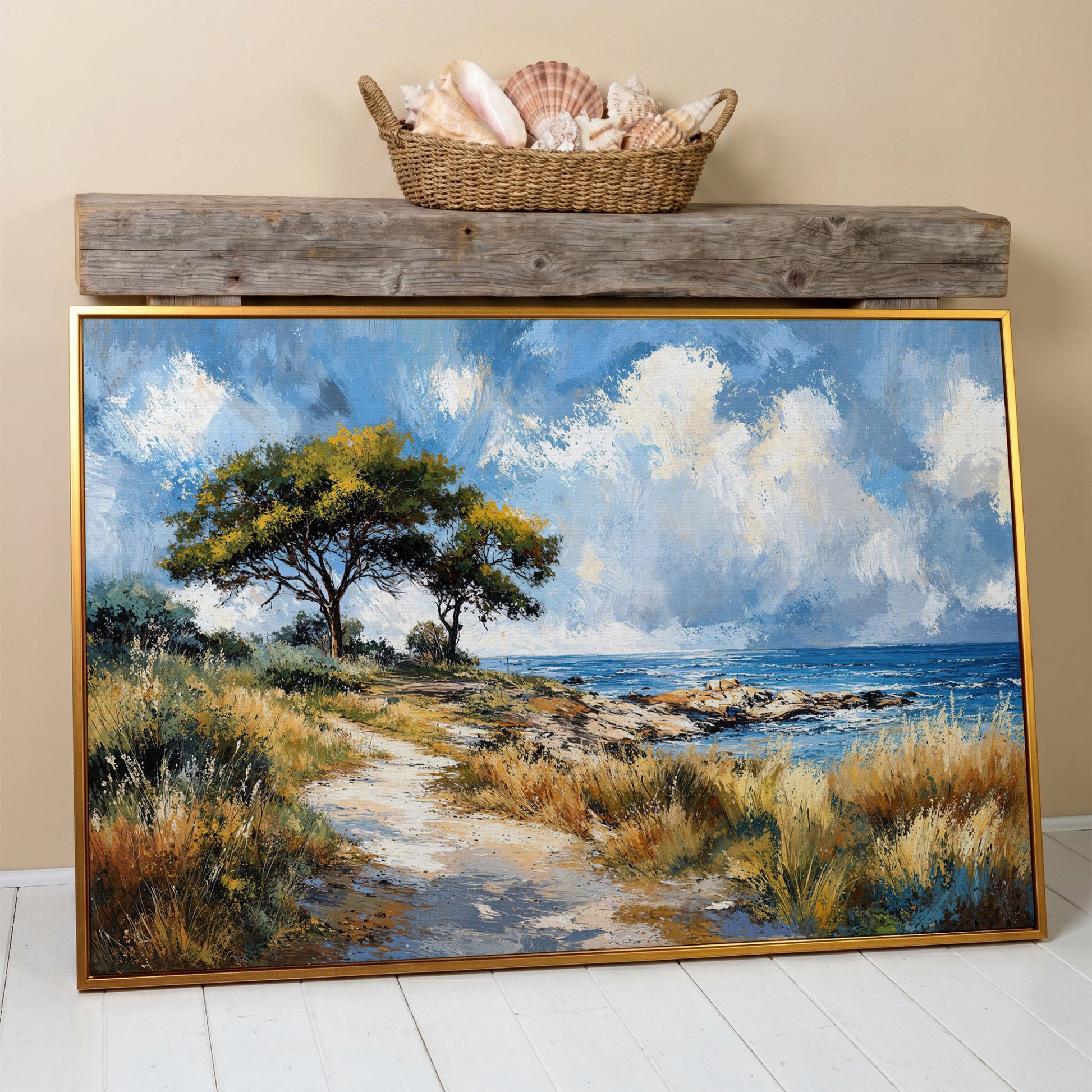 Coastal Path to Blue Water Canvas Art in antique gold floating frame