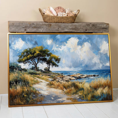 Coastal Path to Blue Water Canvas Art in antique gold floating frame