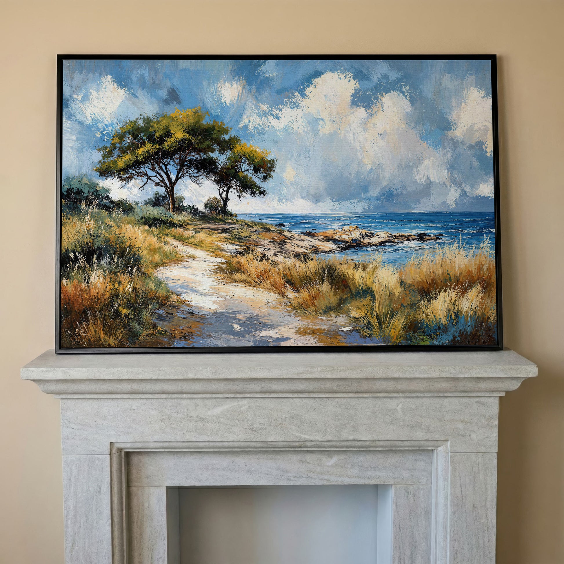 Coastal Path to Blue Water Canvas Art in black floating frame