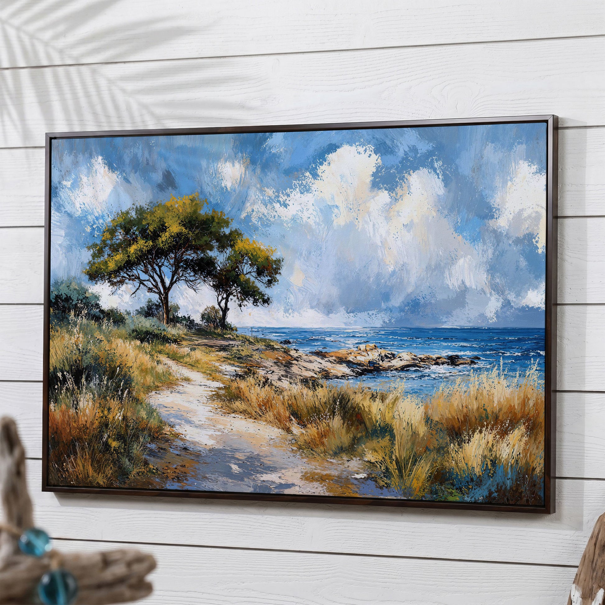Coastal Path to Blue Water Canvas Art in dark walnut floating frame