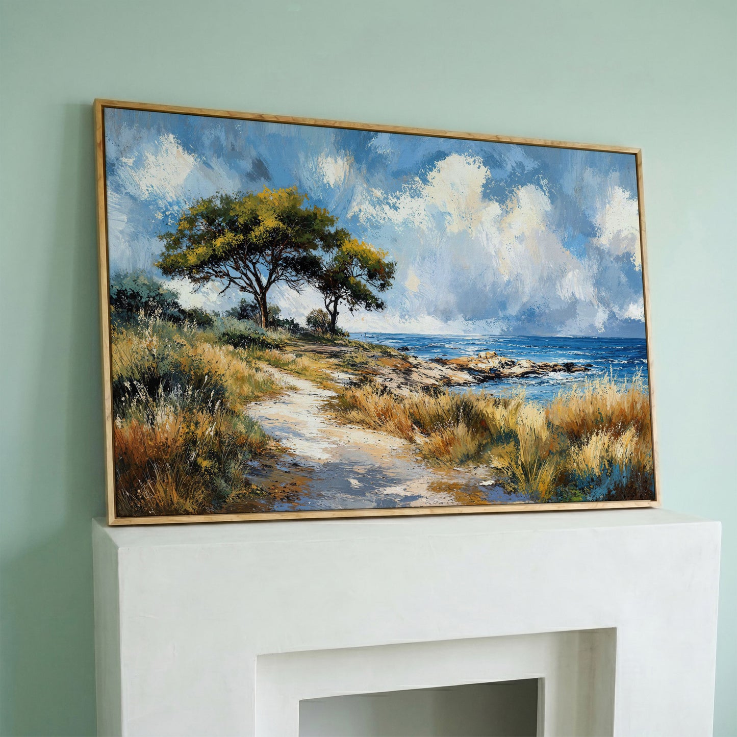 Coastal Path to Blue Water Canvas Art in white oak floating frame