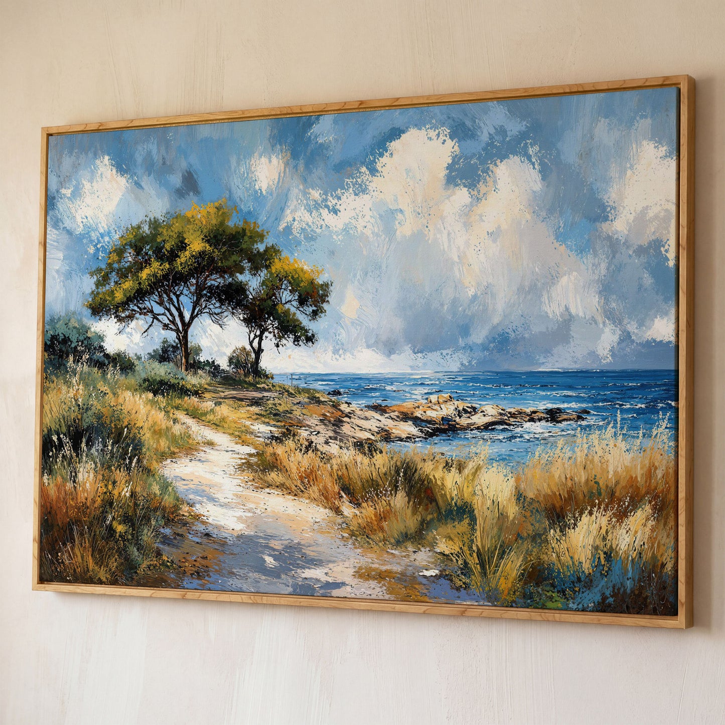 Coastal Path to Blue Water Canvas Art shown in white oak floating frame