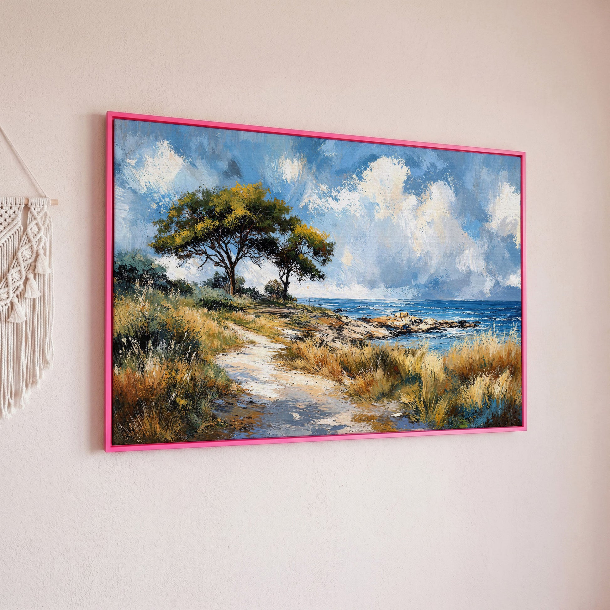Coastal Path to Blue Water Canvas Art in pink floating frame