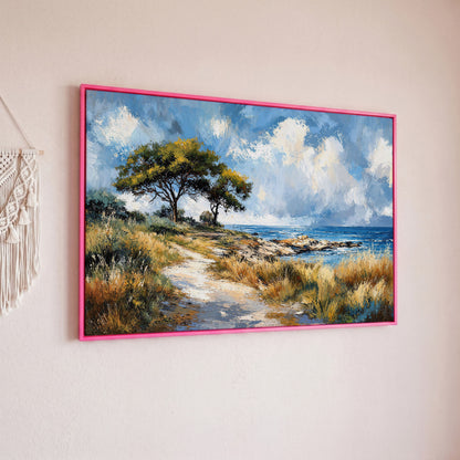 Coastal Path to Blue Water Canvas Art in pink floating frame