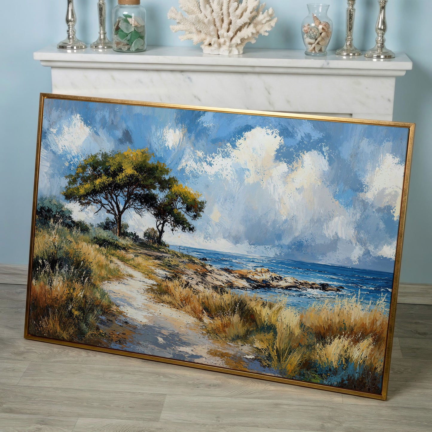 Coastal Path to Blue Water Canvas Art in rose gold floating frame