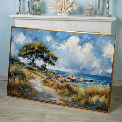 Coastal Path to Blue Water Canvas Art in rose gold floating frame