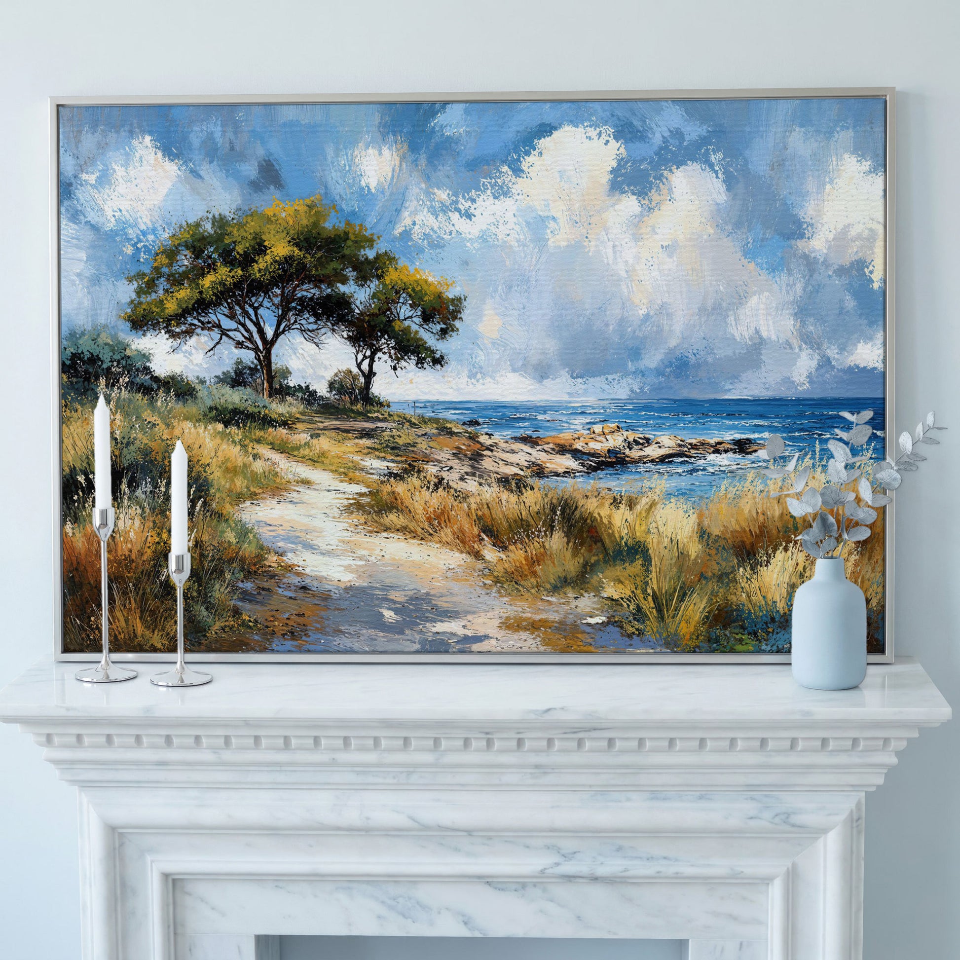 Coastal Path to Blue Water Canvas Art in silver floating frame