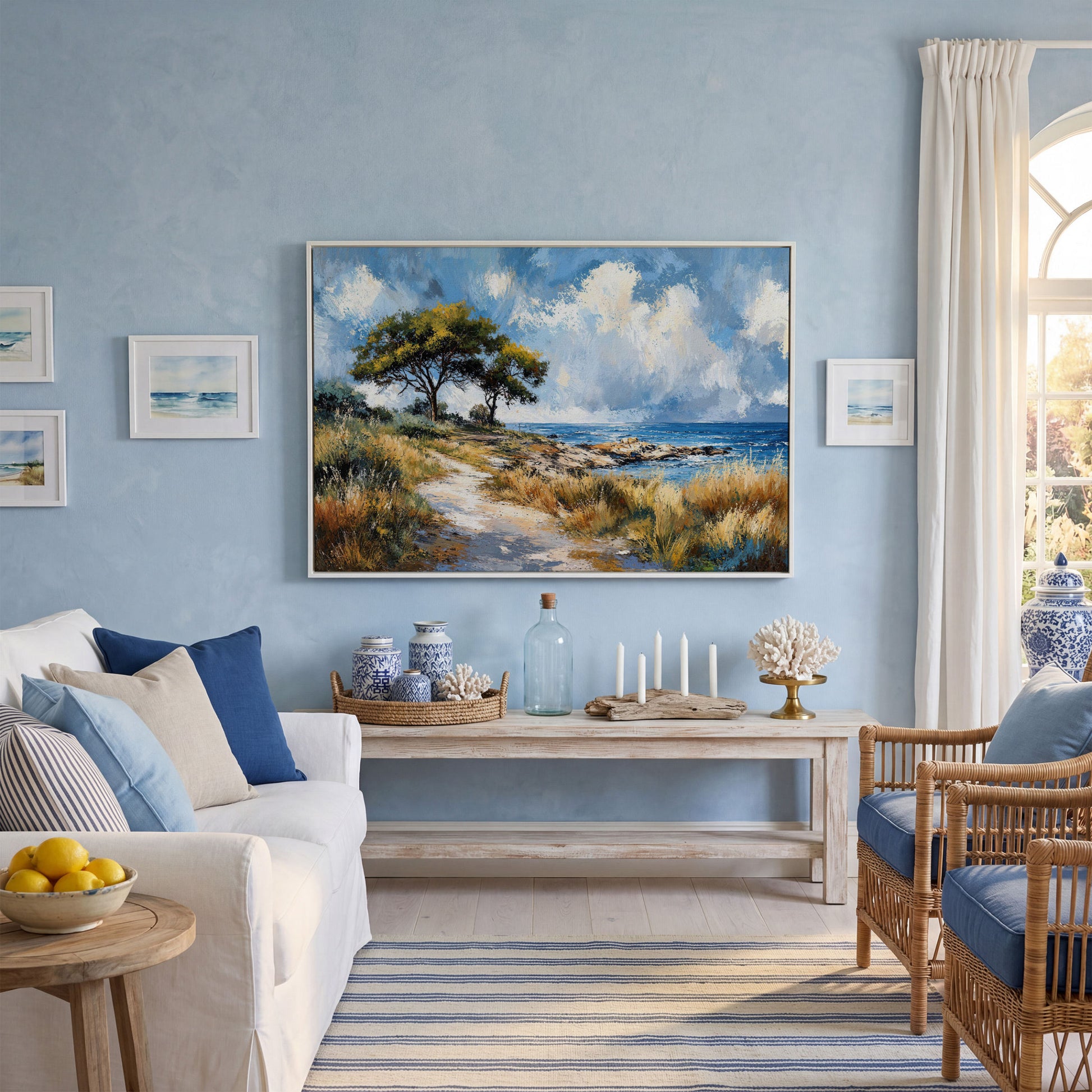 Coastal Path to Blue Water Canvas Art in white floating frame