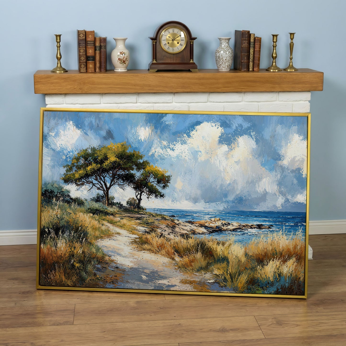 Coastal Path to Blue Water Canvas Art in yellow gold floating frame