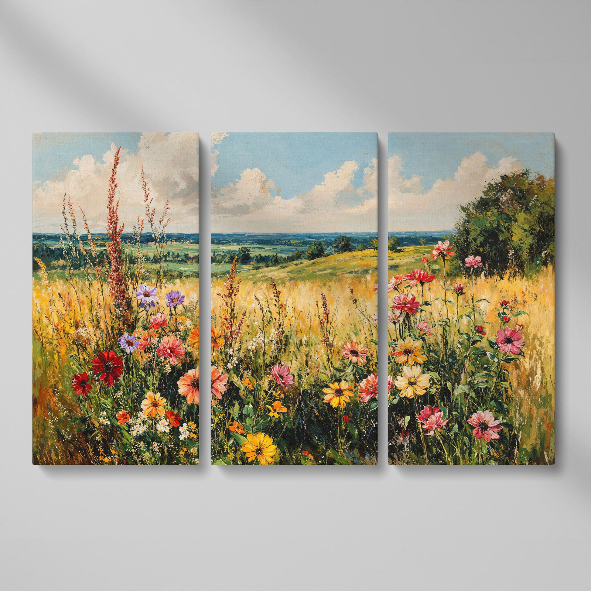 Wildflower Field Canvas Art with Rolling Hills and Summer Sky as 3-panel split version