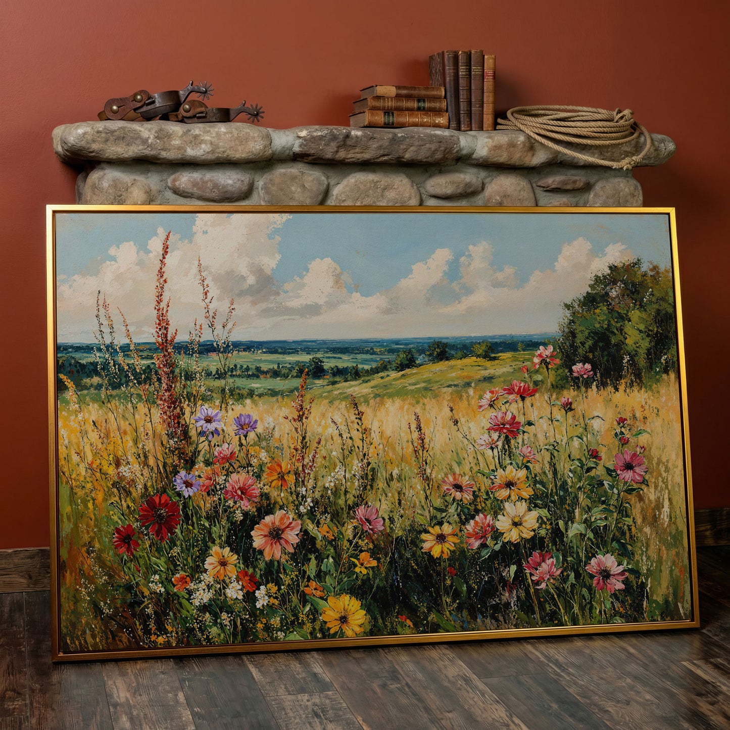 Wildflower Field Canvas Art with Rolling Hills and Summer Sky in antique gold floating frame