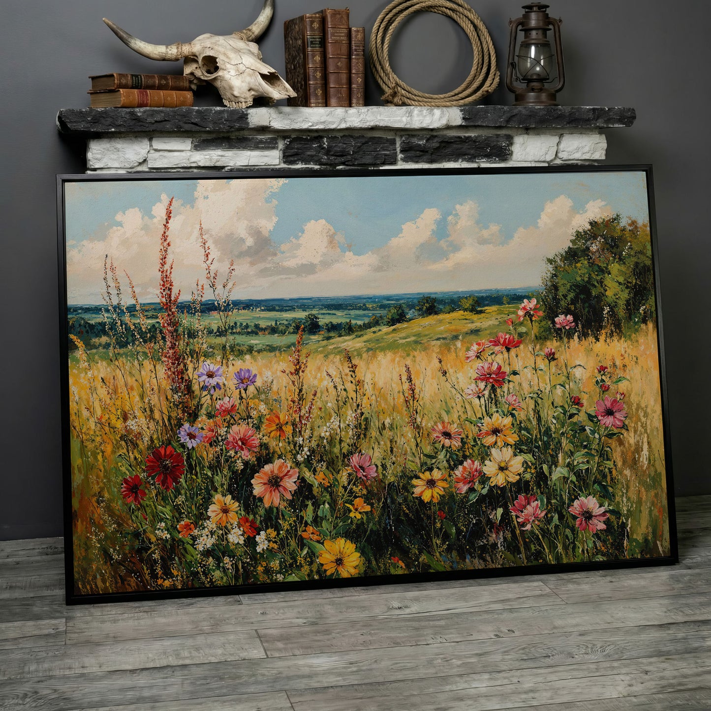 Wildflower Field Canvas Art with Rolling Hills and Summer Sky in black floating frame
