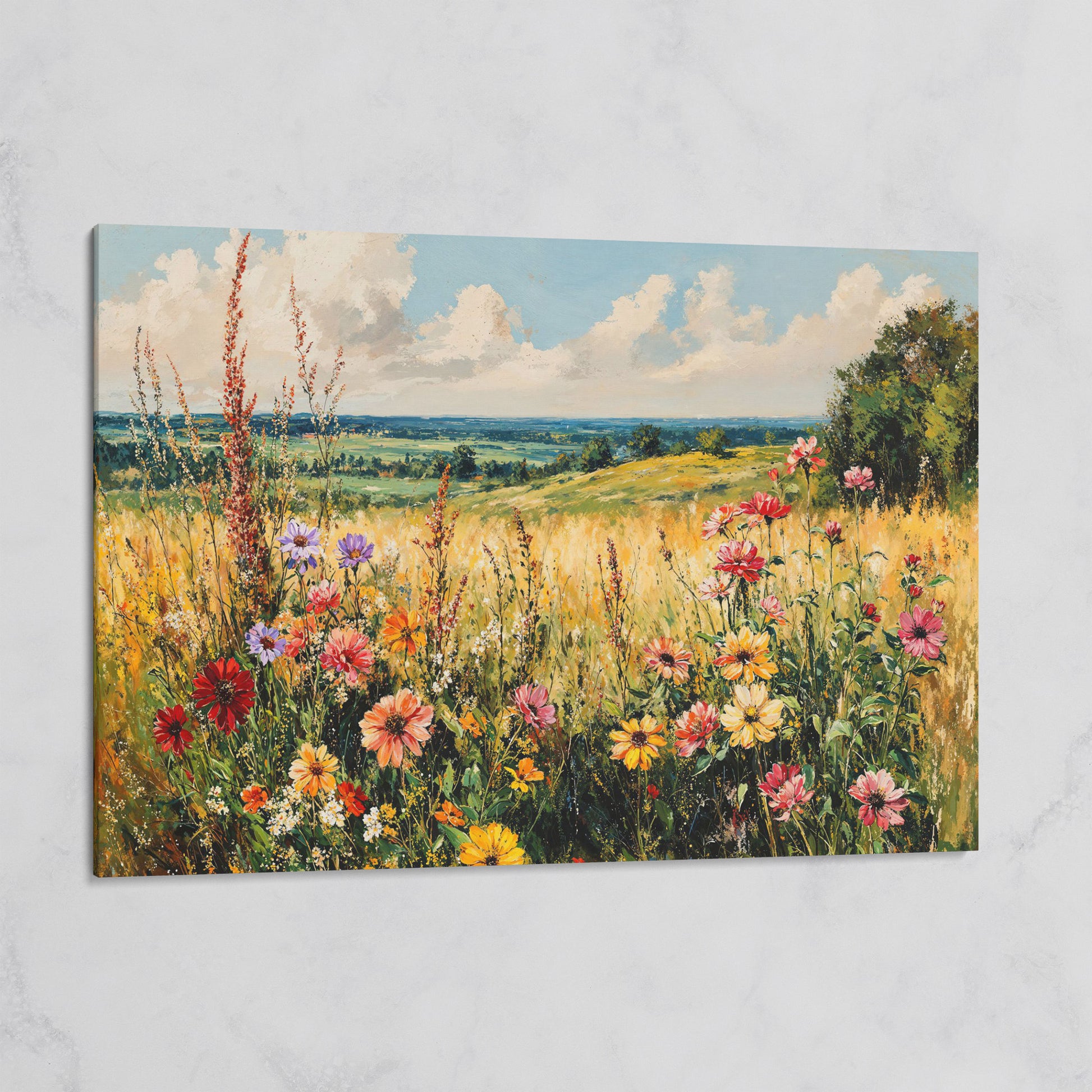 Wildflower Field Canvas Art with Rolling Hills and Summer Sky on gallery wrap
