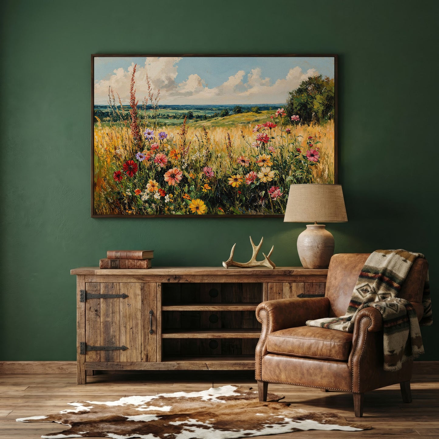 Wildflower Field Canvas Art with Rolling Hills and Summer Sky in dark walnut floating frame