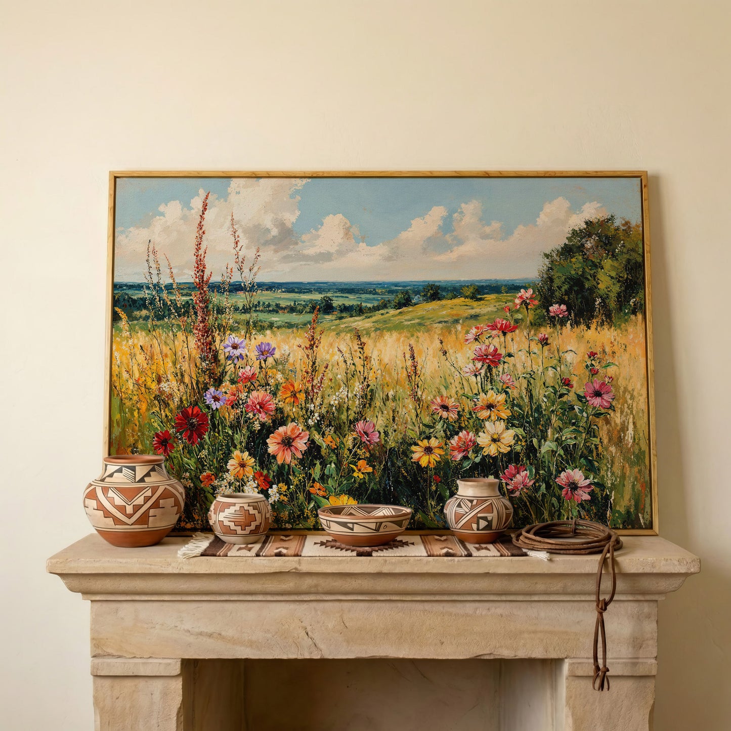 Wildflower Field Canvas Art with Rolling Hills and Summer Sky in white oak floating frame