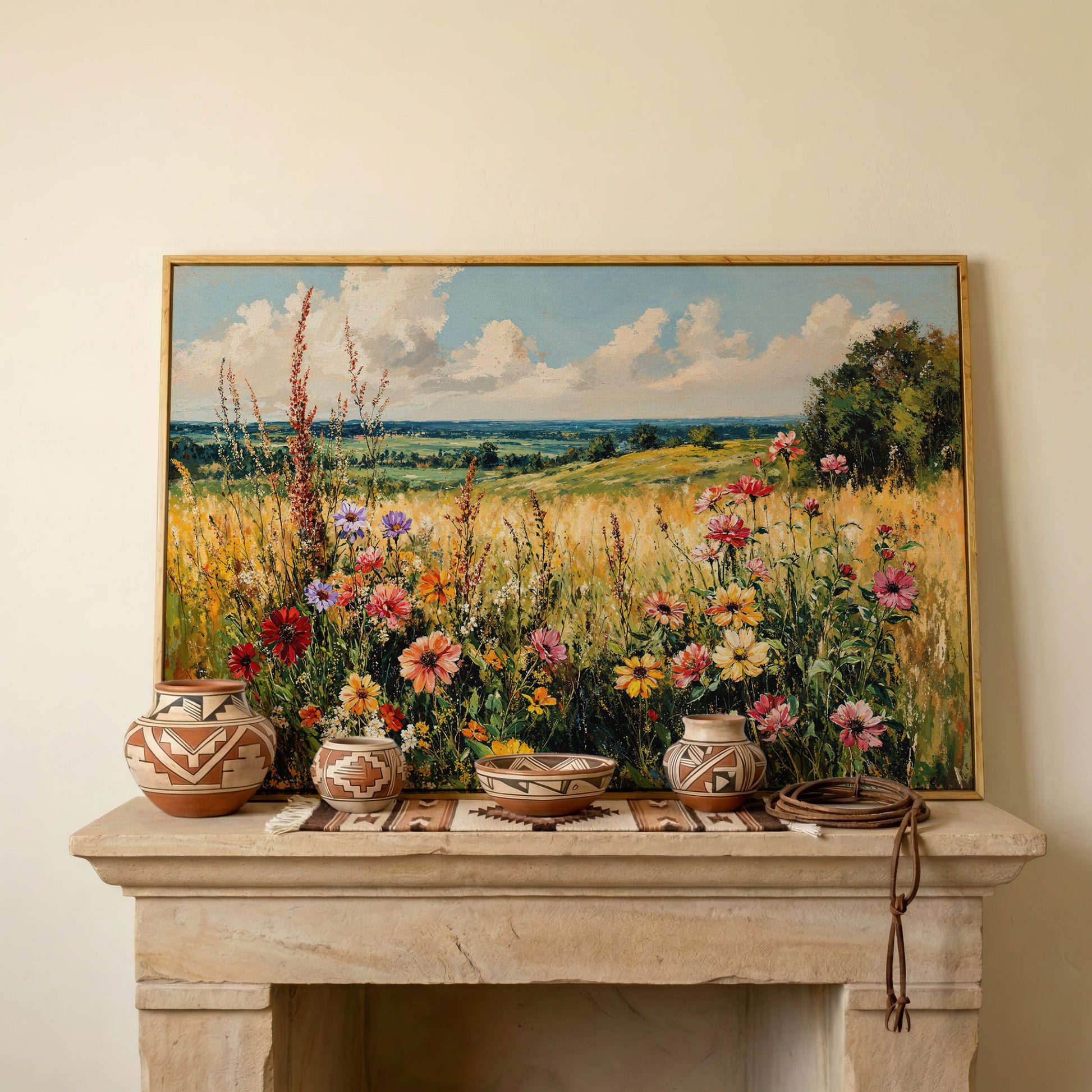 Wildflower Field Canvas Art with Rolling Hills and Summer Sky in white oak floating frame