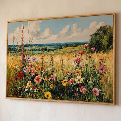 Wildflower Field Canvas Art with Rolling Hills and Summer Sky shown in white oak floating frame