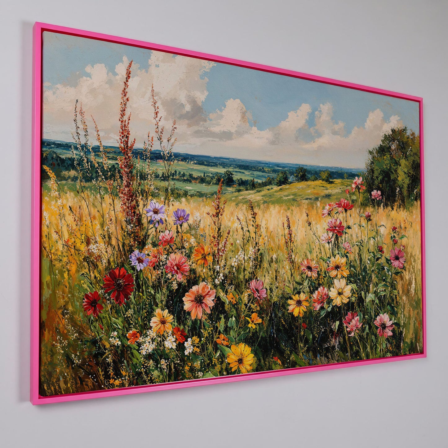 Wildflower Field Canvas Art with Rolling Hills and Summer Sky in pink floating frame