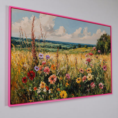 Wildflower Field Canvas Art with Rolling Hills and Summer Sky in pink floating frame