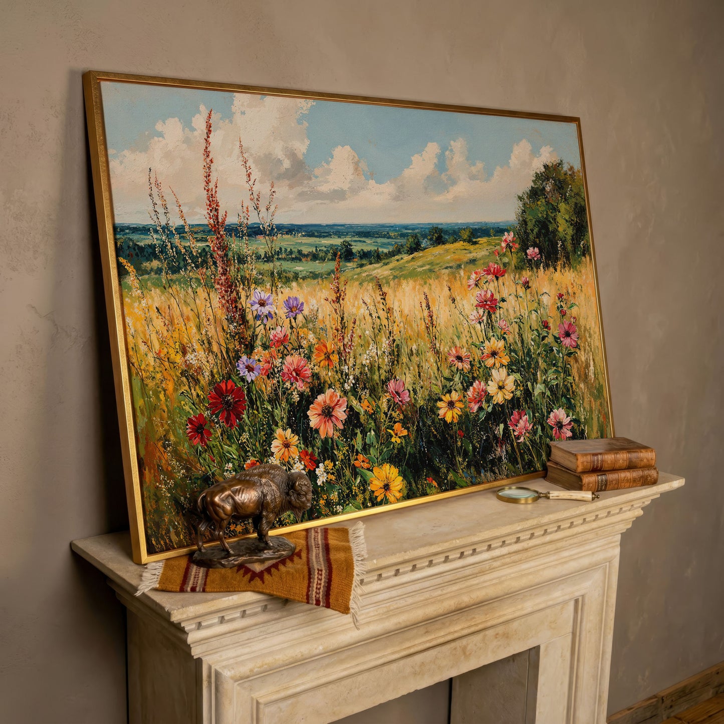 Wildflower Field Canvas Art with Rolling Hills and Summer Sky in rose gold floating frame