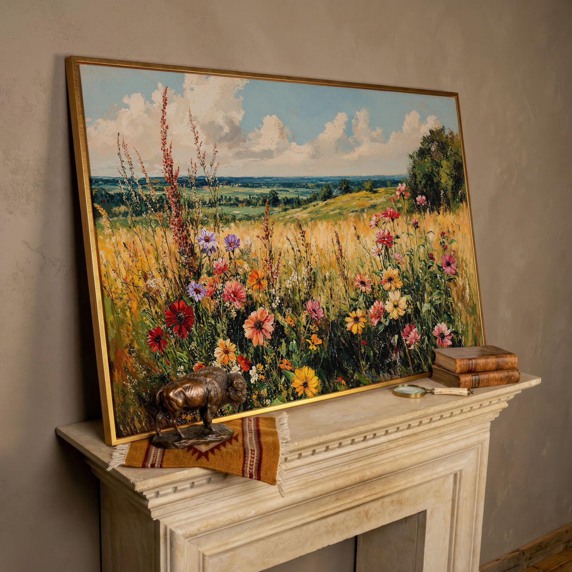 Wildflower Field Canvas Art with Rolling Hills and Summer Sky in rose gold floating frame