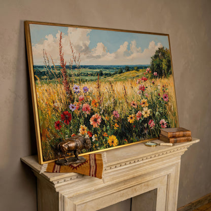 Wildflower Field Canvas Art with Rolling Hills and Summer Sky in rose gold floating frame